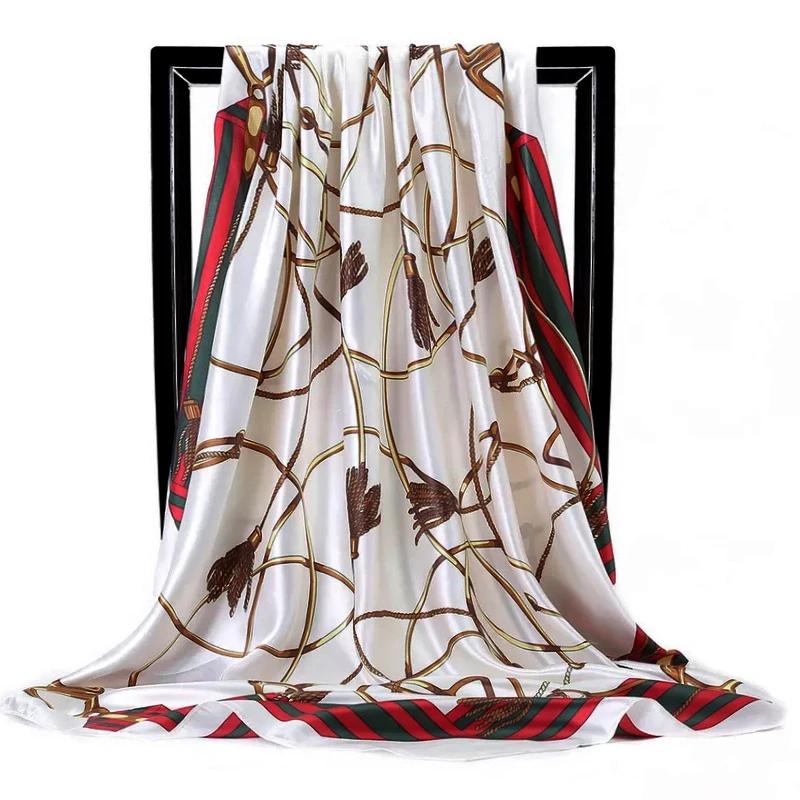 90*90cm Satin Scarf for Women Cashew Flower Print Chain Scarf Spring and Summer New Style Shawl Scarf for Women 2024 New Style