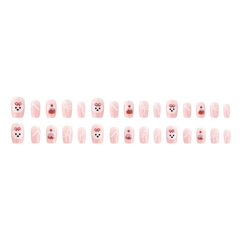 30Pcs Lovely Dog Bow Cake Short Square False Nails With Jelly Adhesive Detachable Fake Fingernails Full Cover Press On Nails