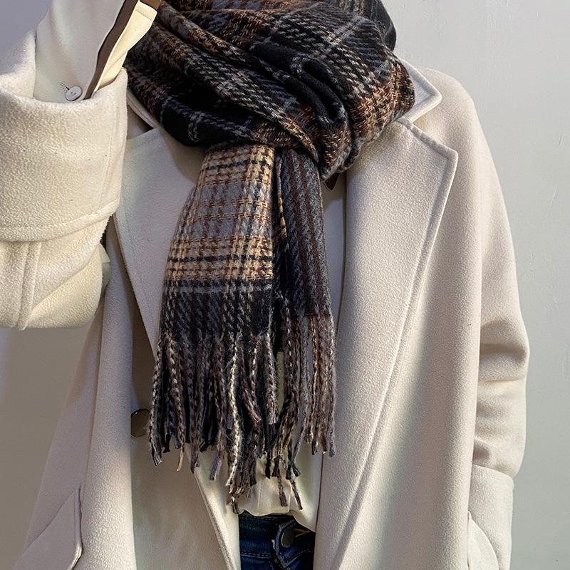 Autumn Winter Plaid Tassel Scarf Women Imitation Cashmere Thickened Warm Tassel Scarf Fashionable Versatile Shawl Wrap Scarves
