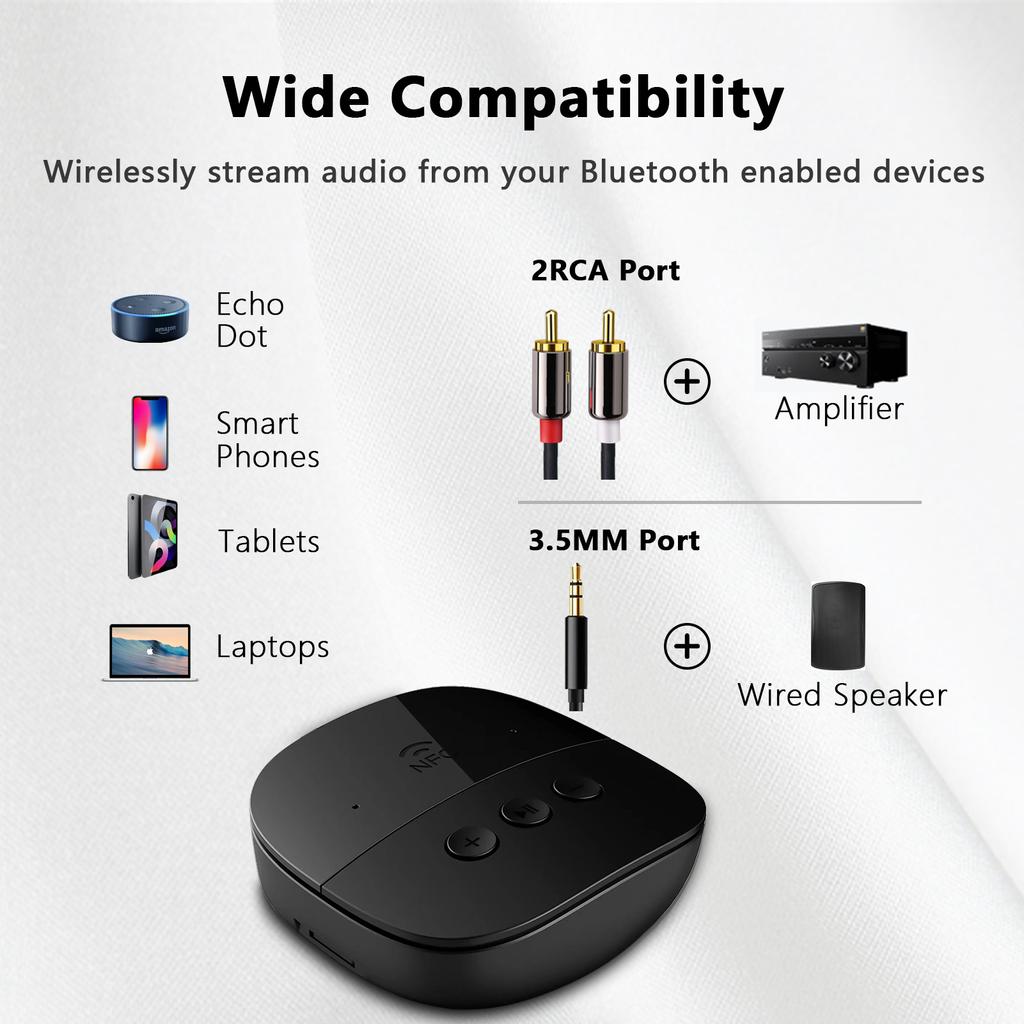 Audio-Empfänger Bluetooth 5.3 3,5 mm AUX-Buchse U-Disk NFC Cinch Musik Drahtlos-Adapter mit Typ-C-Ladeanschluss zum Aufladen des Telefons