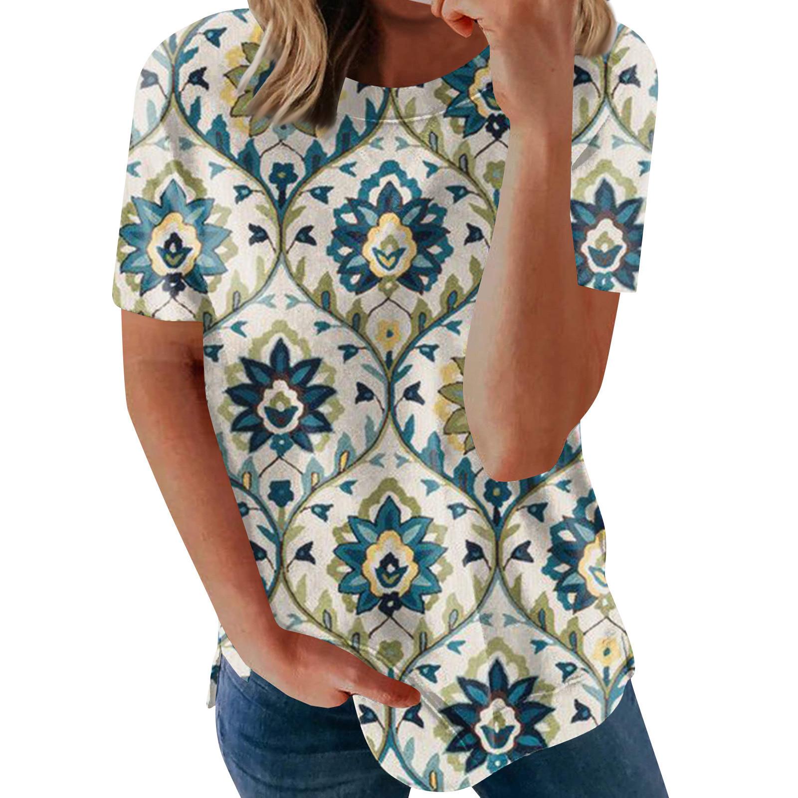 Women s Printed Short Sleeve Round Neck Retro Short Sleeve Summer Loose Tops Tops Women s Summer T-Shirts XXXL синий