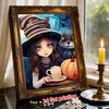 Pearl Painting DIY Kit Frameless Cute Witch With Cat Pumpkin Coffee Halloween Pattern Shiny Bead Art Canvas Creative Wall Decor Gift Idea