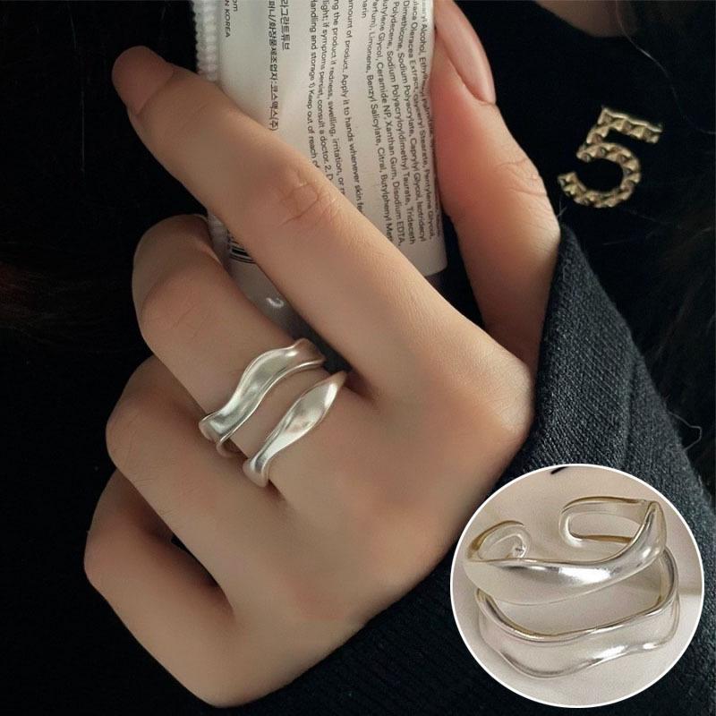 

Черное овальное открытое кольцо с серебряным покрытием S925 - Женская хип-хоп панк мода, Штабелируемый аксессуар на указательный палец Adjustable