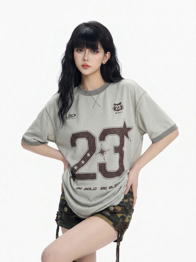 Women's Loose Versatile American Retro Short-Sleeve Top with Digital Printing for Casual Wear