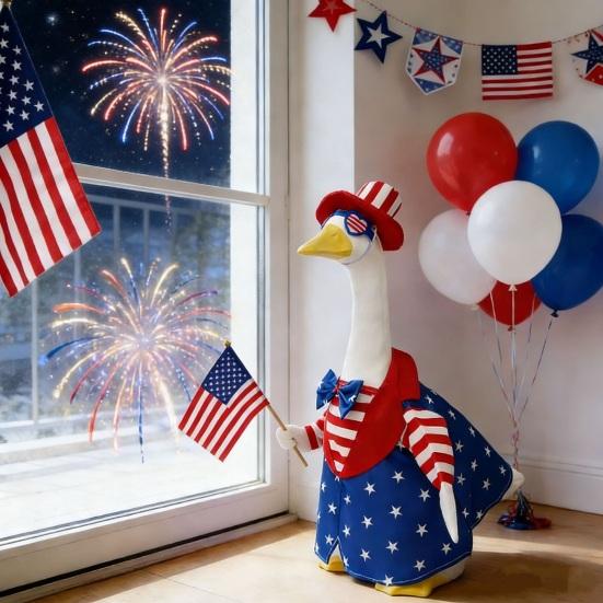1 Set Independence Day Goose Outfit Outdoor Porch Goose Costumes Patriotic Stars And Stripes Jacket Hat Set for 23 Inch