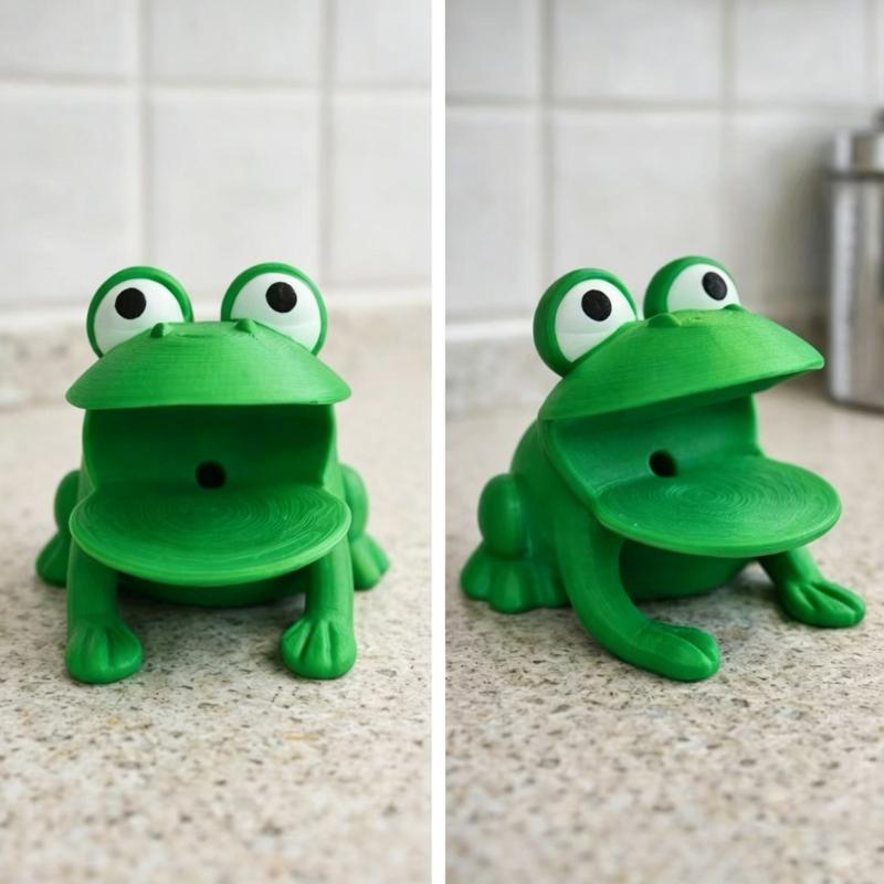 Countertop Sponge Stand for Kitchen Use, Green Plastic Holder With Animal Design and Open Storage Compartment for Daily Cleanup Near Sink