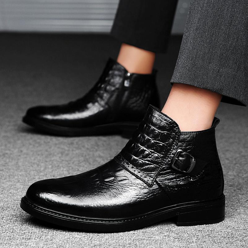 Genuine Leather Boots Men's Top Quality Winter Shoes Formal Chelsea Boots with Fur Dress Business Shoes Luxury Male Ankle Boots