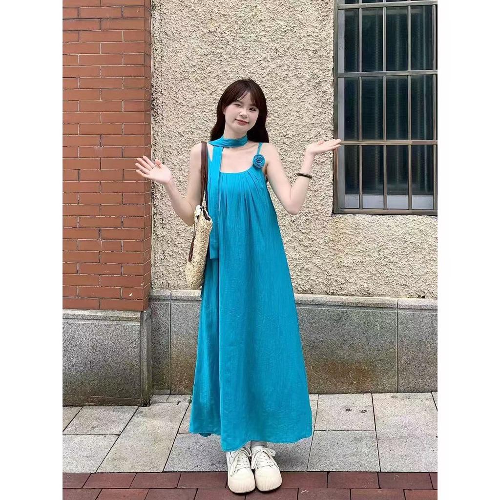 New Summer Literary Seaside Vacation Wind White Three-dimensional Flower Straps Suspender Long Dress Dress