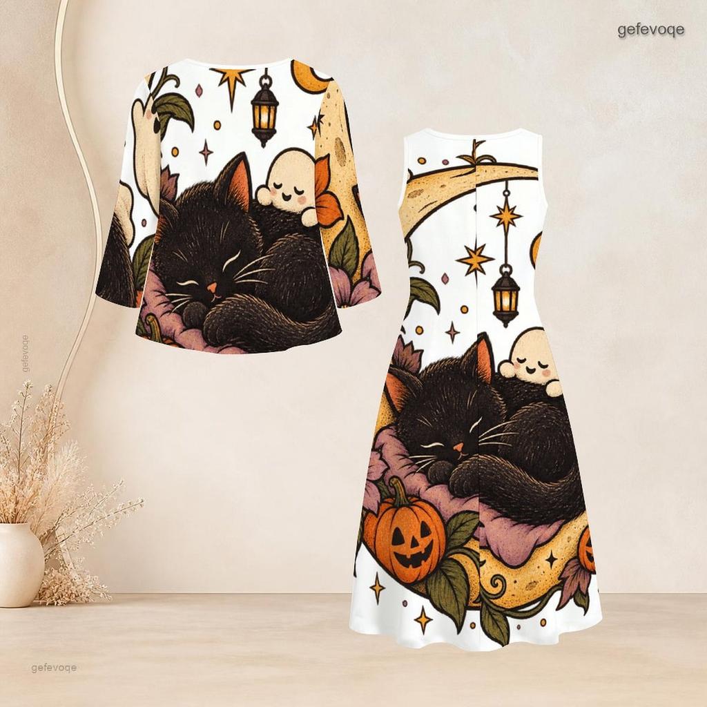 Women Plus Size Two Piece Dress Set Three Quarter Sleeve Halloween Panda Ghost Print Long Dress