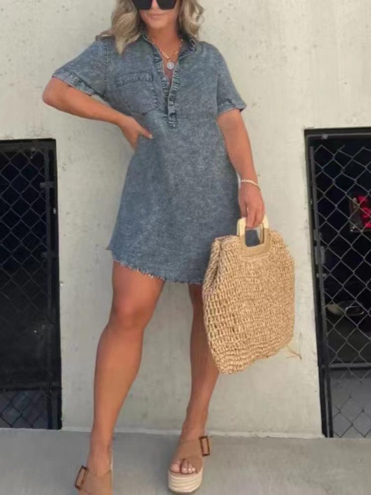 

Women s Light Blue Denim Dress with Pocket Short Sleeve Frayed Hem Casual Boho Style 5XL сірий колір