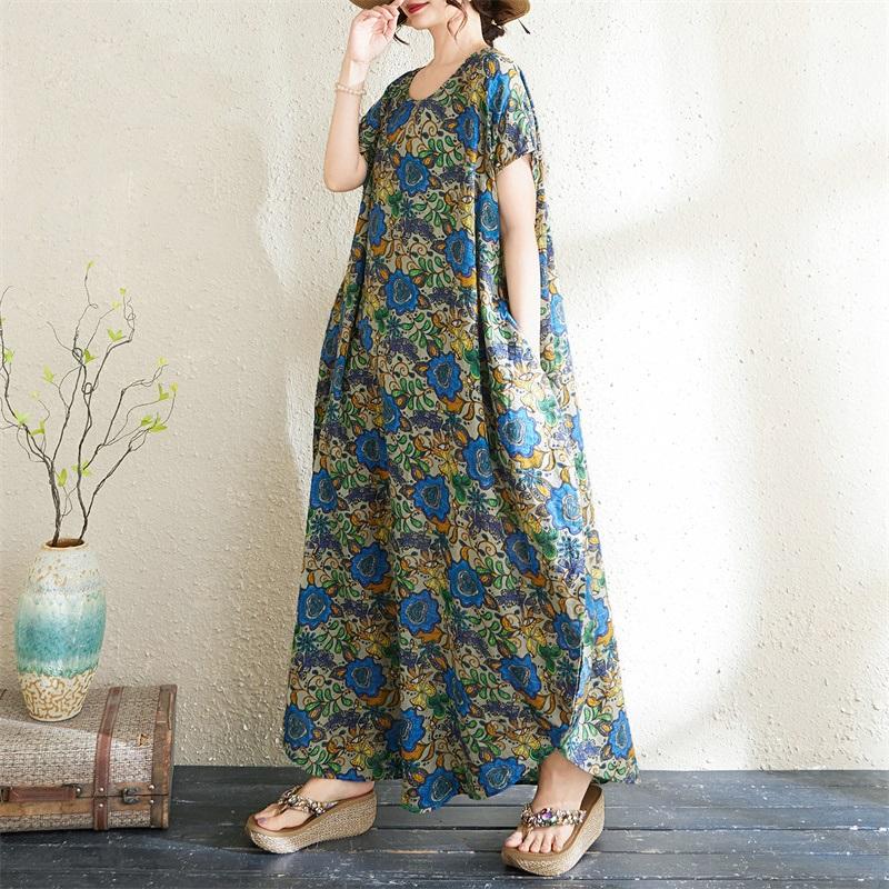 short sleeve oversized cotton vintage floral new in dresses for women casual loose maxi long summer dress