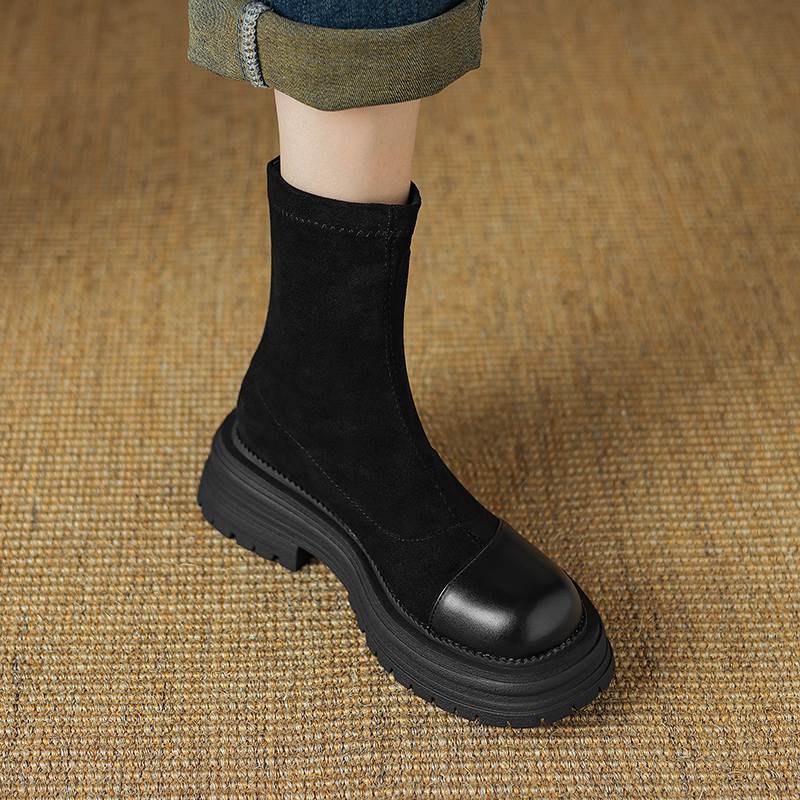 Krazing Pot Microfiber Flock Autumn Winter Shoes Thick Med Heels Size 43 Modern Boots Stretch Ankle Boots