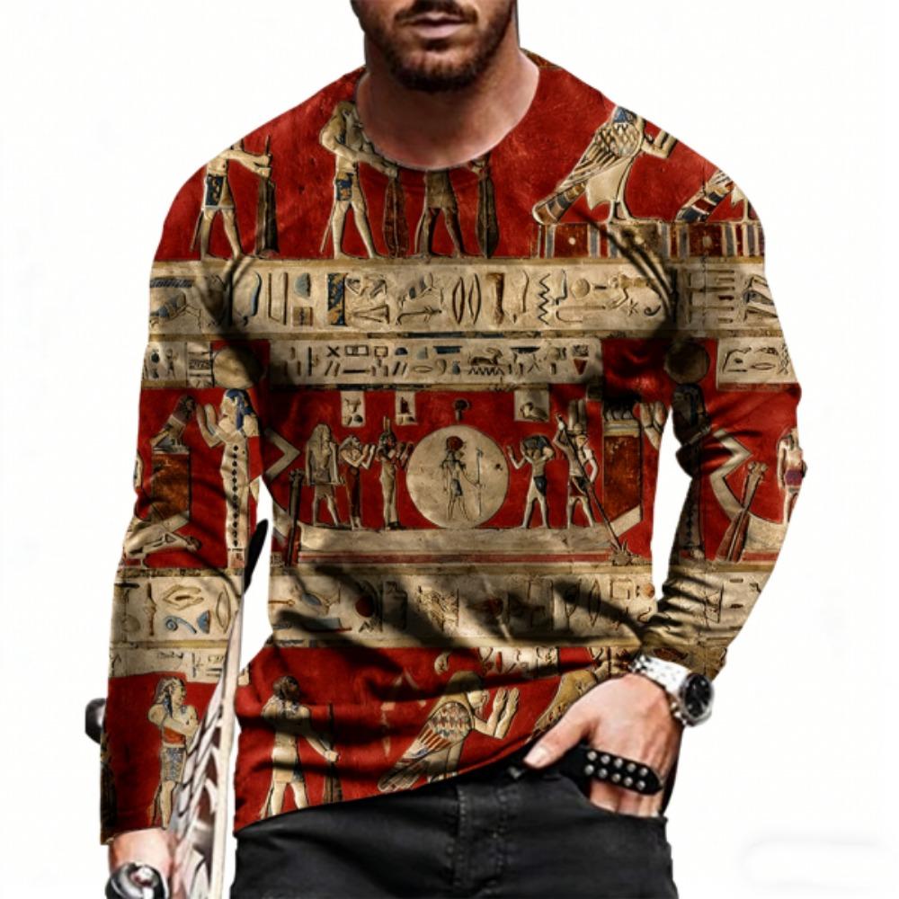 Spring Europe America Men's T-shirt Fashion Hieroglyphs Print Pullover Comfortable Men's Long Sleeve T-shirt Outdoor Oversized Tees Top