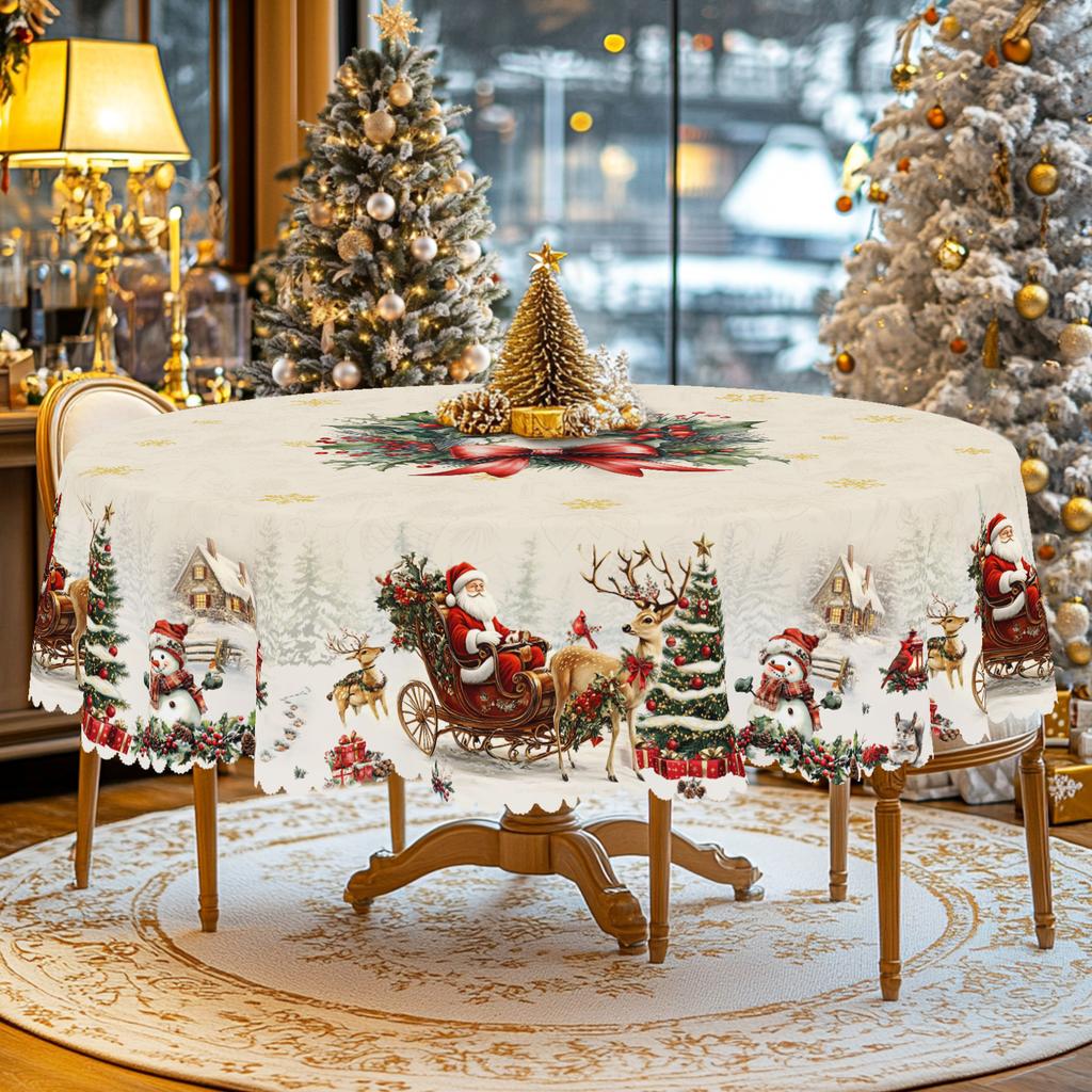 Christmas Vintage Farmhouse Tablecloth with Santa, Reindeer & Xmas Tree Prints. Rectangular & Round Sizes for Xmas/New Year Parties, Kitchen, Indoor &