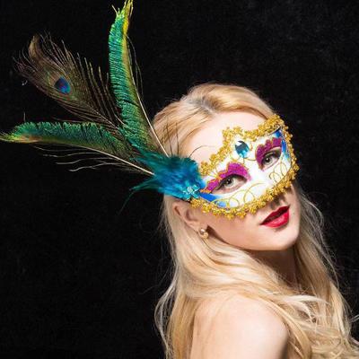 Masquerade Mask Women Peacock Feather Mask Mardi Gras Mask Fashion Blue Green Metal Shiny Rhinestone Halloween Party
