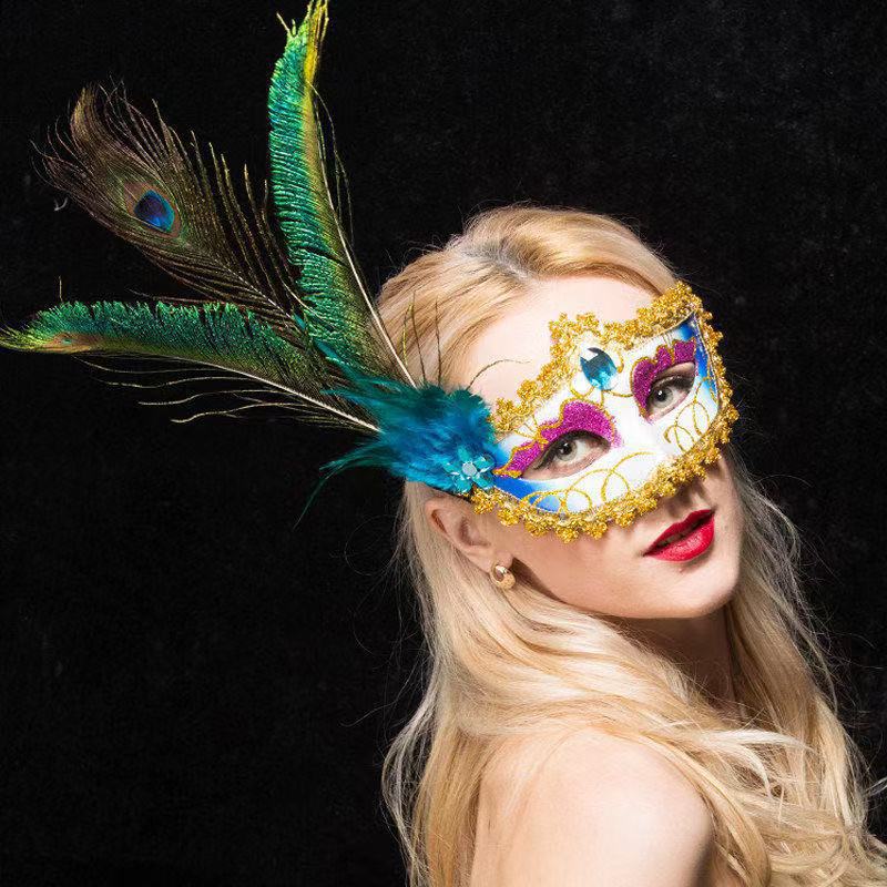 Masquerade Mask Women Peacock Feather Mask Mardi Gras Mask Fashion Blue Green Metal Shiny Rhinestone Halloween Party