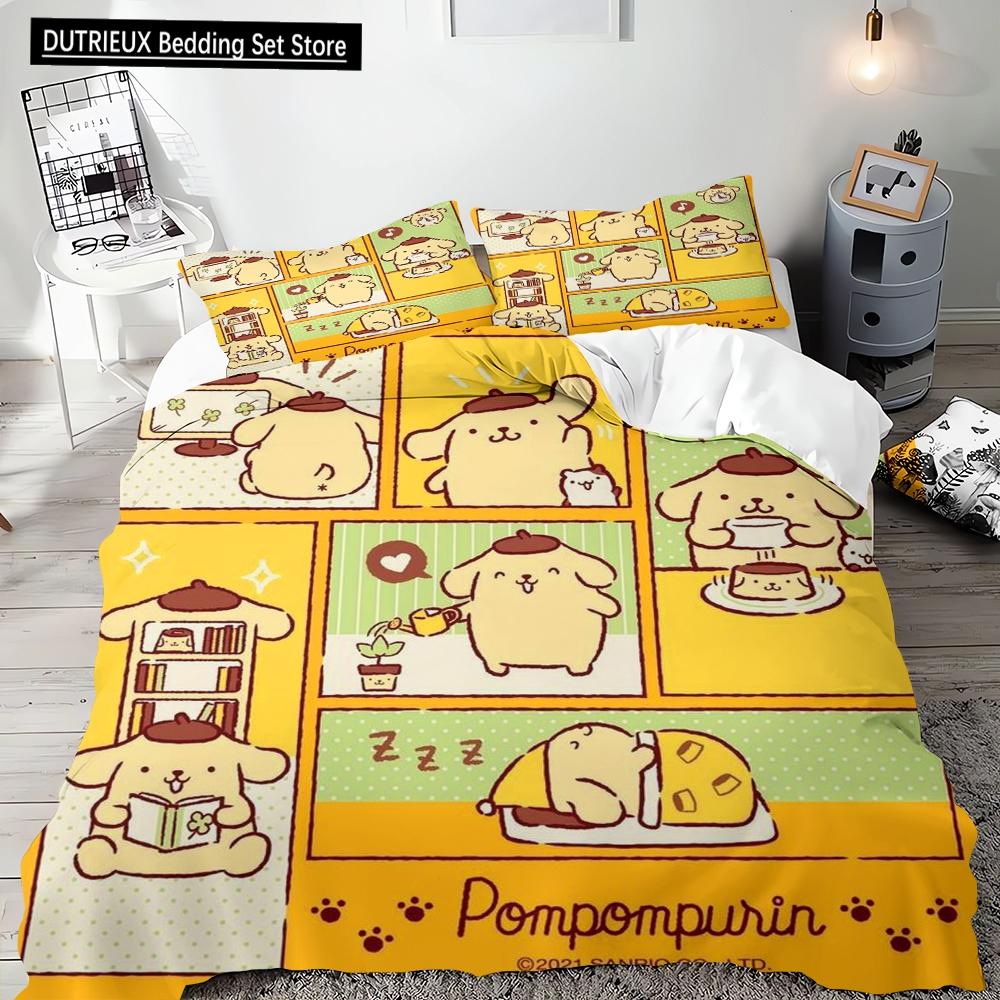 2pcs, 3pcs, Pompompurin Single Double Bed King Size Microfiber Needlework Bedding Pillowcase Quilt Cover Multi-piece Set