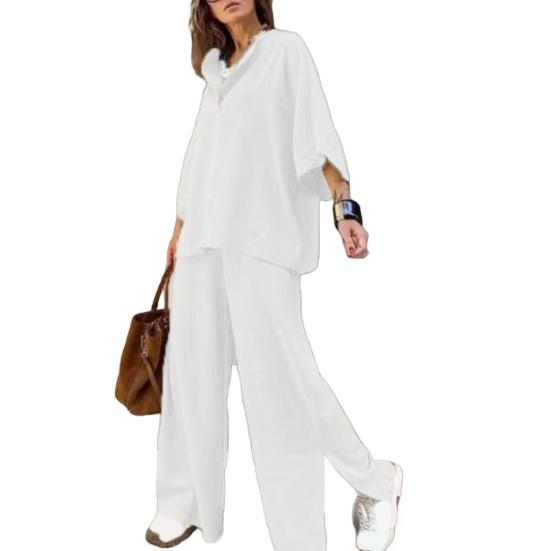 Women's Two-Piece Outfit Oversized 3/4 Sleeve Pullover Top And Wide Leg Pants Set Fall Casual Loose Lounge Set