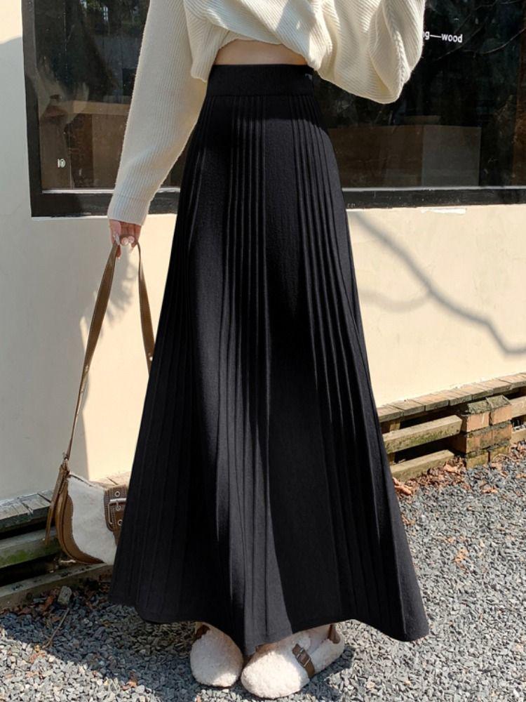 Pletená sukně áčkového střihu s vysokým pasem: Podzim/Zima Plisované Maxi