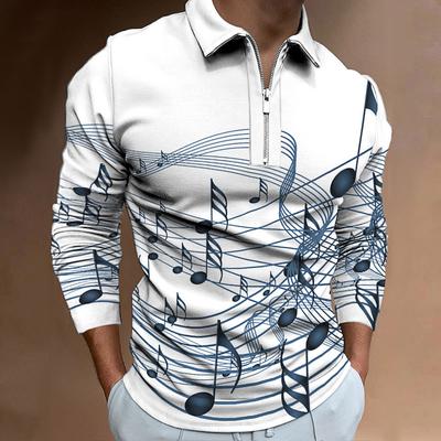 Fashion Men's Zip Casual Slim Sweatshirt Men's 3D Music Symbol Digital Print Long Sleeve Polo Shirt