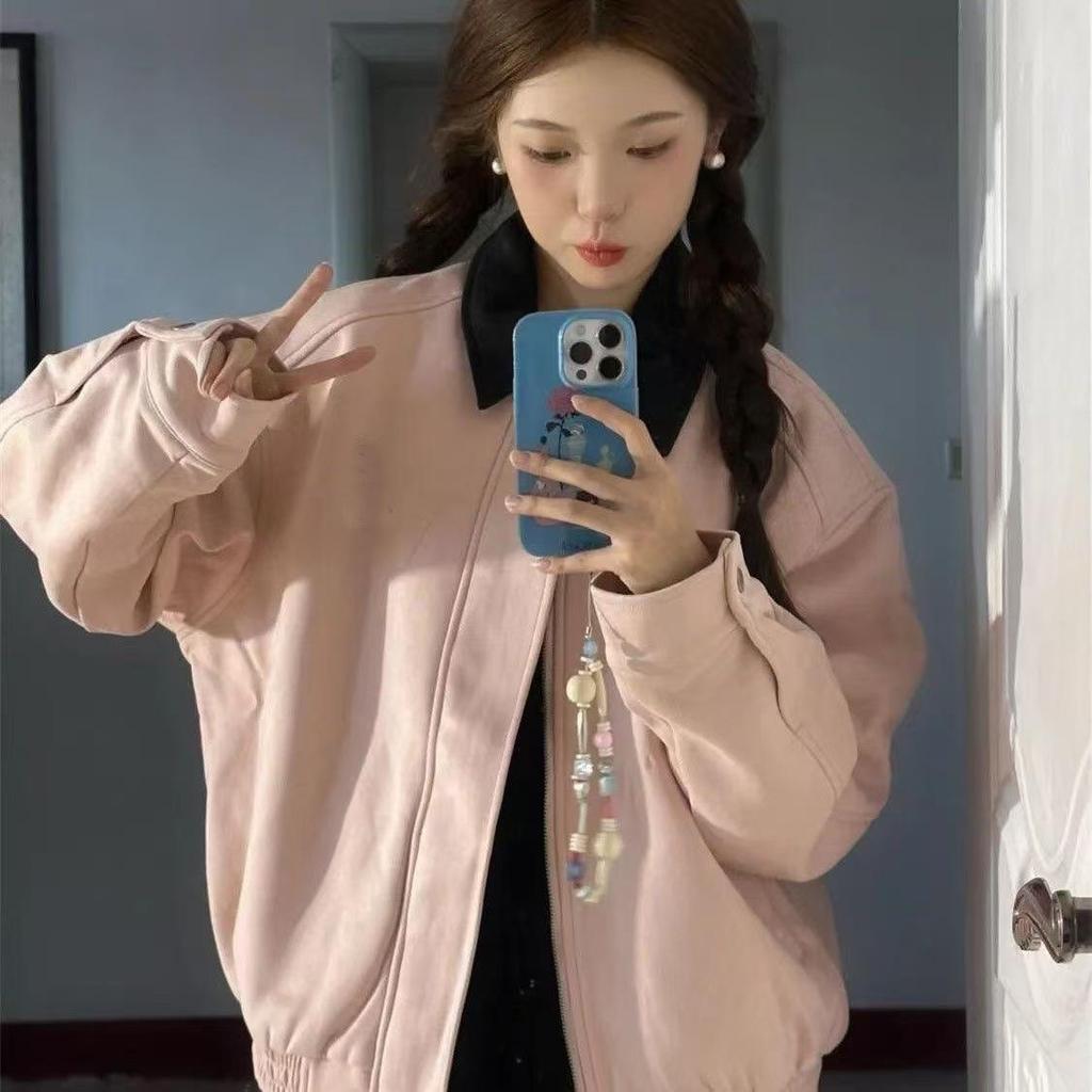 Women's Pink Lapel Casual Baseball Jacket - Loose Fit, Autumn Style