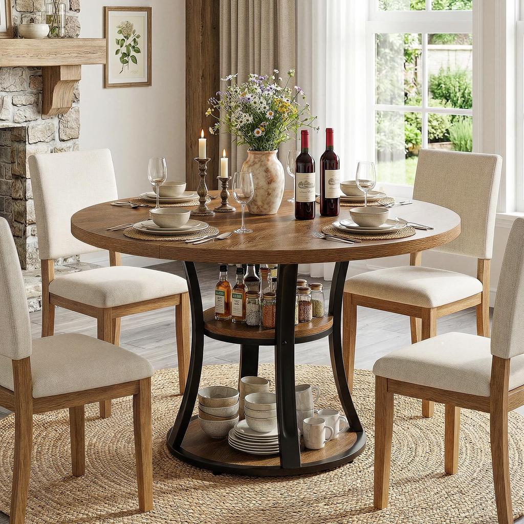 Tribesigns 39-Inch Round Dining Table for 4, Farmhouse Kitchen Table with 2-Layer Storage Shelf and Metal Base Dining Room