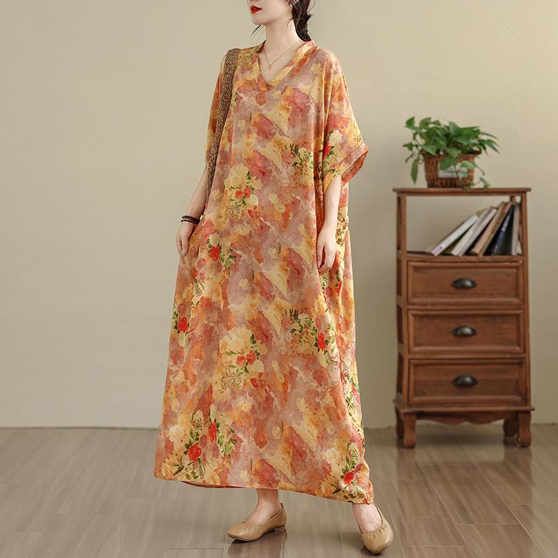 DIMANAF 2025 Plus Size Summer Women Printing Long Dress Short Sleeve Vintage Casual Linen V-Neck Basic Loose Dress