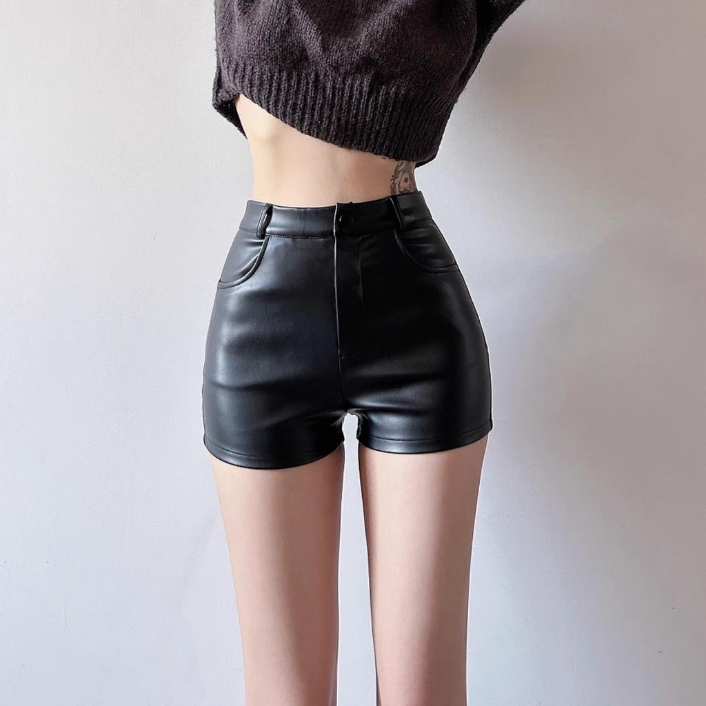 Women's High Waist Faux Leather Shorts Slim Fit Solid Color Casual Booty Shorts Summer Shorts