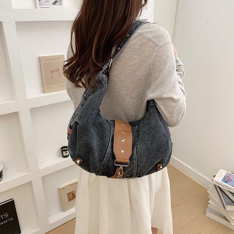 Vintage Large Capacity Denim Bag Women's Shoulder Underarm Bag Commuter Crossbody Bag