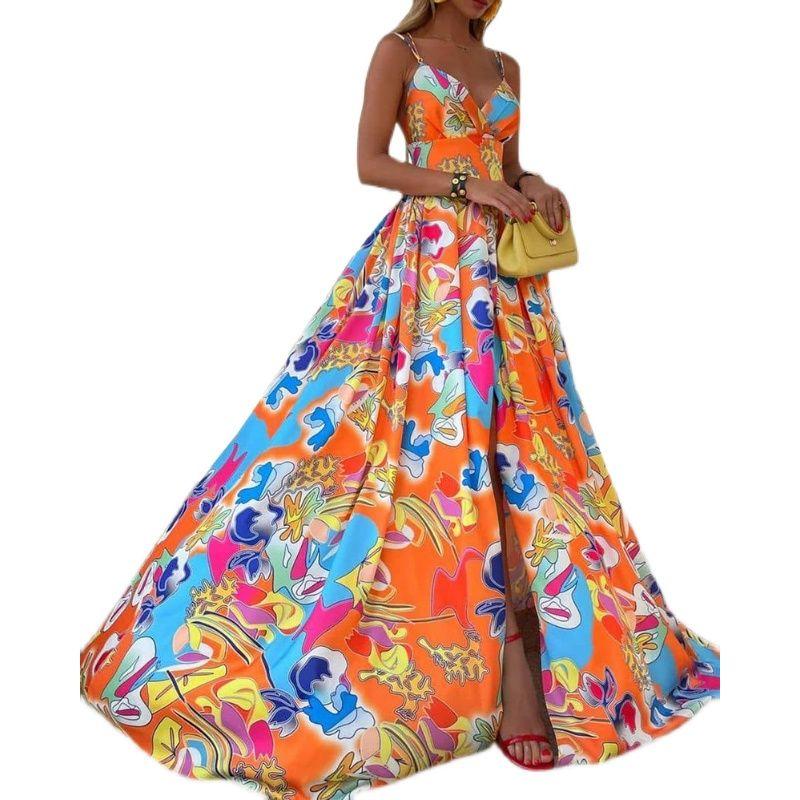 Women Printed Suspension Dress 2022 Orange Print Sleeveless Split Dress