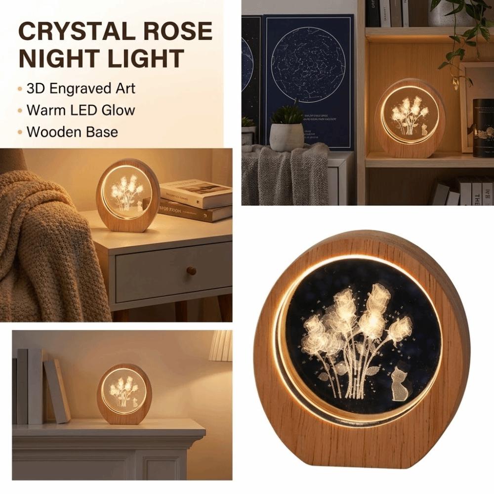 Creative 3D Night Light USB Powered Wooden Base Crystal Night Light Inner Carving Desktop Decoration Birthday Gift