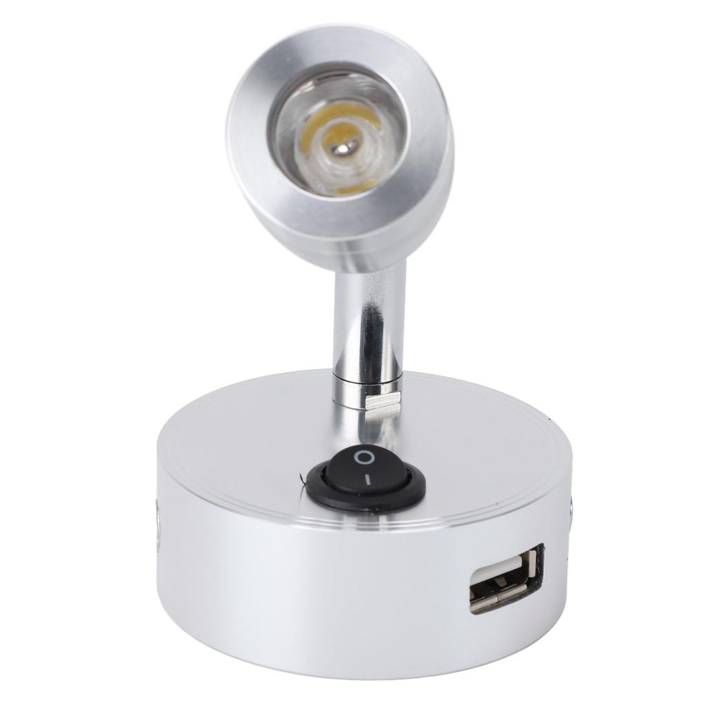 RV Reading Lamp Button Switch 350° Rotatable RV Spotlight with USB Port for Boat Yacht Motorhome 4000K DC10‑30V Silver