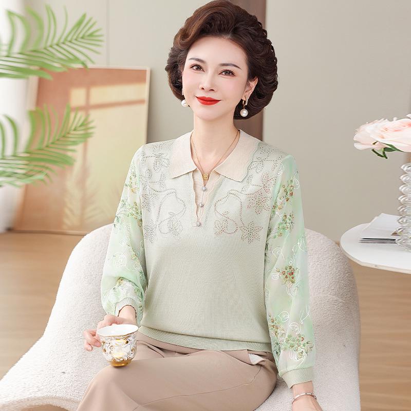 

Stylish Knit Top with Lapel and Gauze Sleeves for Middle-Aged & Elderly Women - Spring/Summer Ice Silk T-Shirt 120 for 130-155 jin світло-зелений колір