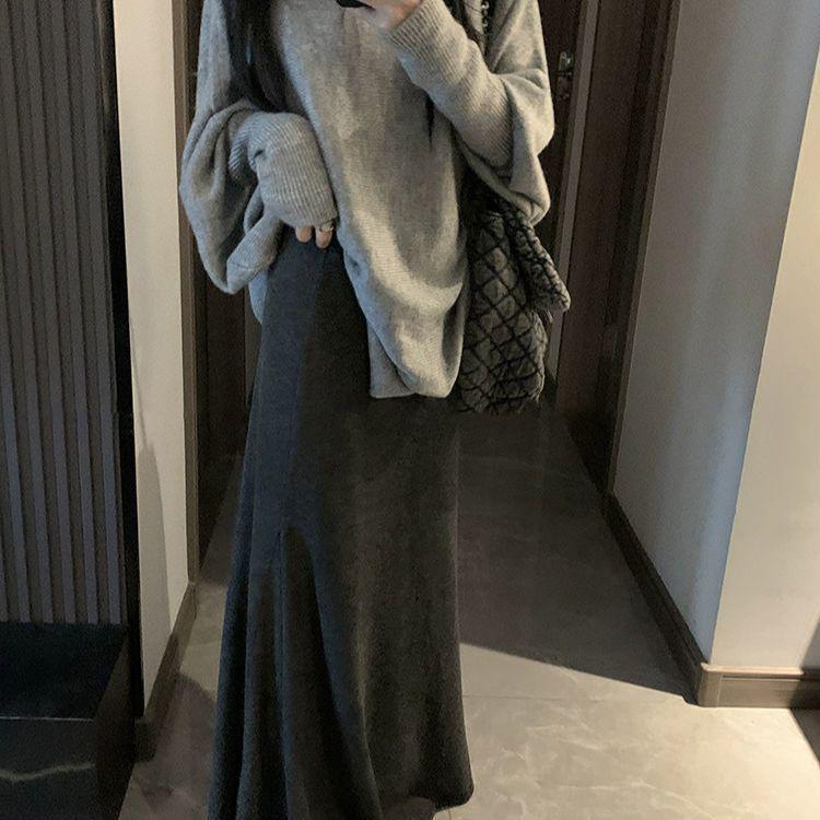 

French-Style Dark Gray High-Waist Fishtail A-Line Skirt - Mid-Length, Autumn & Winter Hip-Hugging Base Layer XL [Recommended 126-145 lbs]