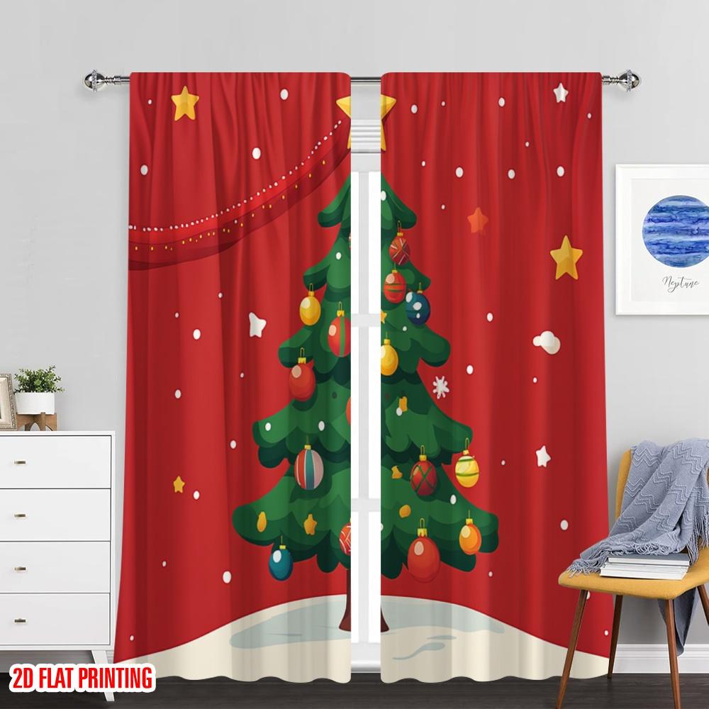 Set Of 2 Plane Printing Curtain Popular Christmas Tree Decorations Garland Versatile Polyester Fabric Without Rod Holiday