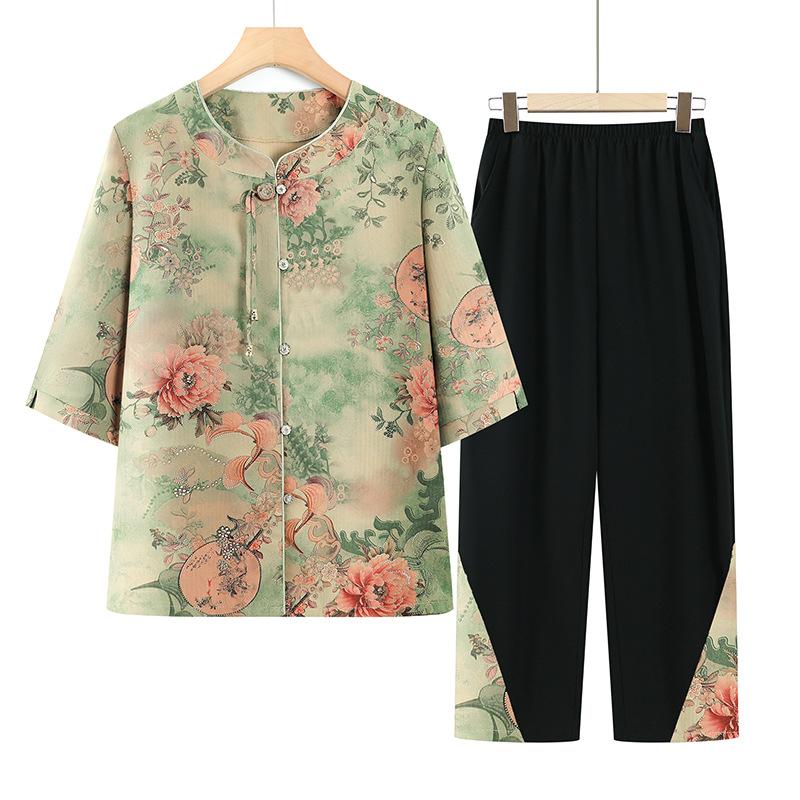 Summer Clothing for The Elderly Short-sleeved Fashionable Ladies' Traditional Chinese Style Suit Two-piece Suit