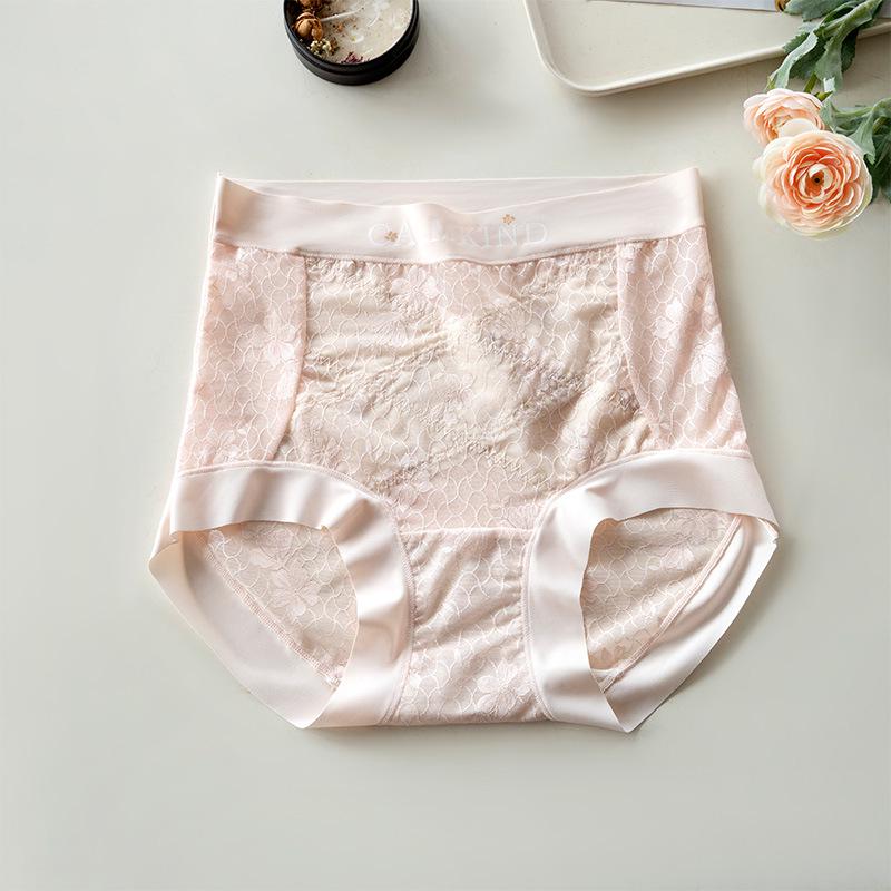 Meizhai Women's Seamless Lace Mid-High Waist Tummy Control Plus Size Briefs with Antibacterial Mulberry Silk Crotch.