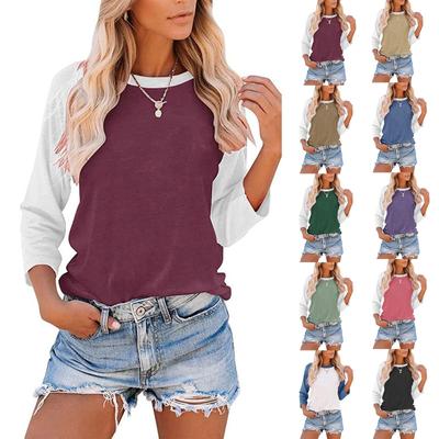 Women's Casual Fashion Loose Color Matching Three-quarter Sleeve Stitching T-shirt Top