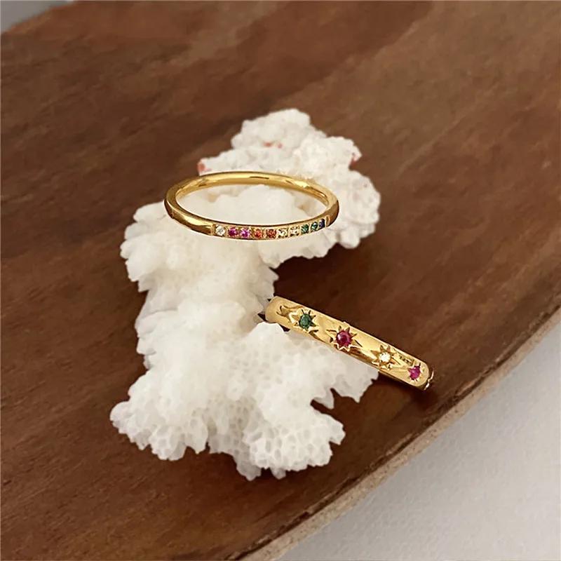 2PCS/Set Stainless Steel Rainbow Color Cubic Zircon Stone Finger Rings for Women INS Gold Color Waterproof Stars Ring Zircon