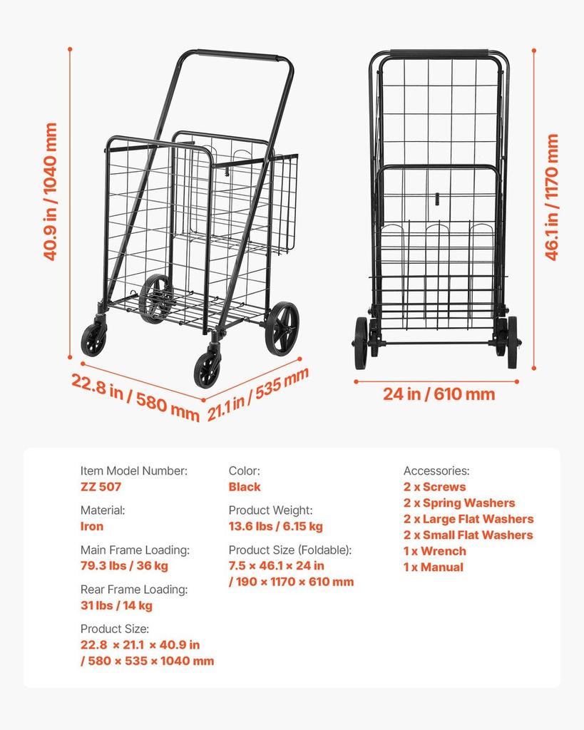 Folding Shopping Cart, Jumbo Grocery Cart with Double Baskets, 360° Swivel Wheels, Heavy Duty Utility Cart, 110 LBS Large Capacity Utility Cart for