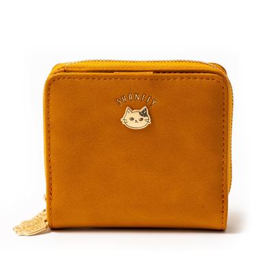 Chanfee Women's Bifold Wallet with Round Zipper, Cute Cat Design (Yellow)