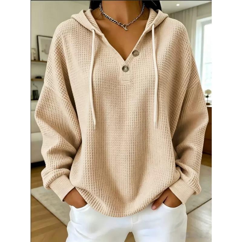 Women S Loose Fit Drawstring Hooded Waffle Knit Sweatshirt