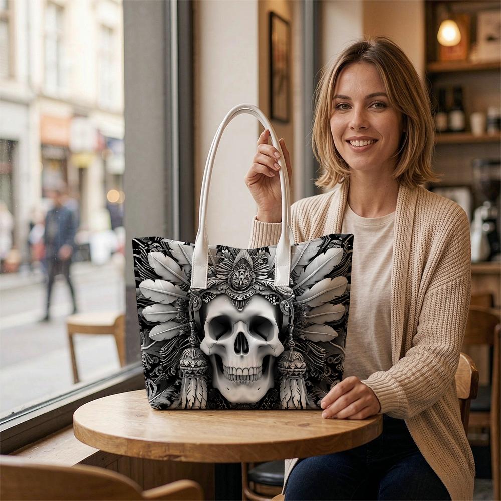 Gothic Skull Pattern Tote Bag Large Capacity Portable Fashion Daily Shoulder Bag for Outdoor Use