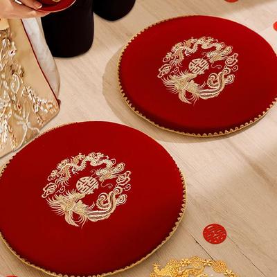 Ensemble de coussins rouges Double Bonheur pour s'agenouiller, pour la cérémonie du thé de mariage et les rituels de fortune de la mariée