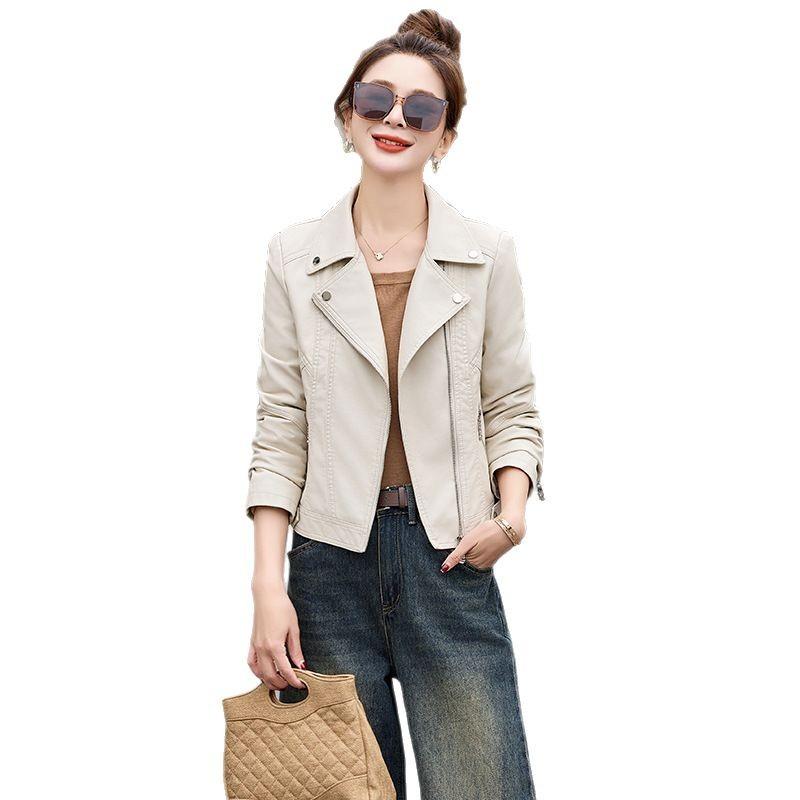 Leather jacket women's spring and autumn high-end casual locomotive soft leather jacket suit collar leather jacket top