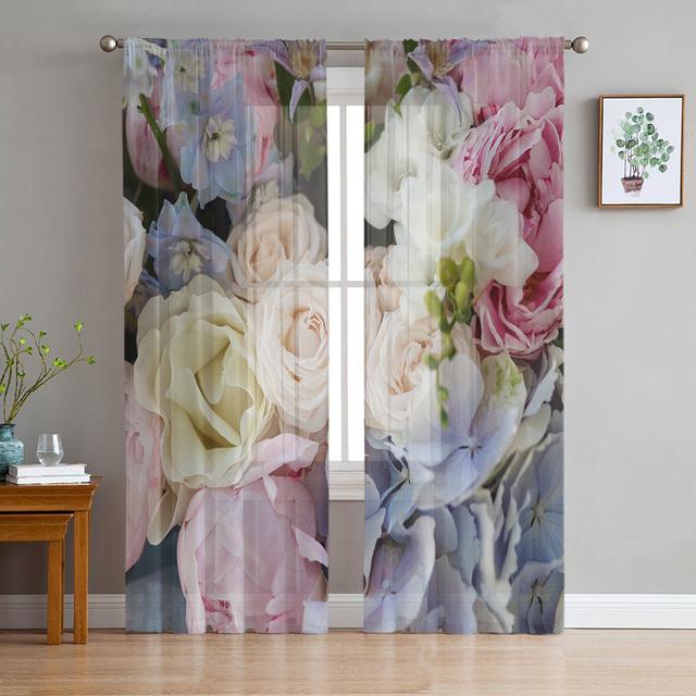 Green Plant Red Hibiscus Chiffon Tulle Curtains For Living Room Kitchen Bedroom 3d Print Sheer Voile Curtain Window Treatment