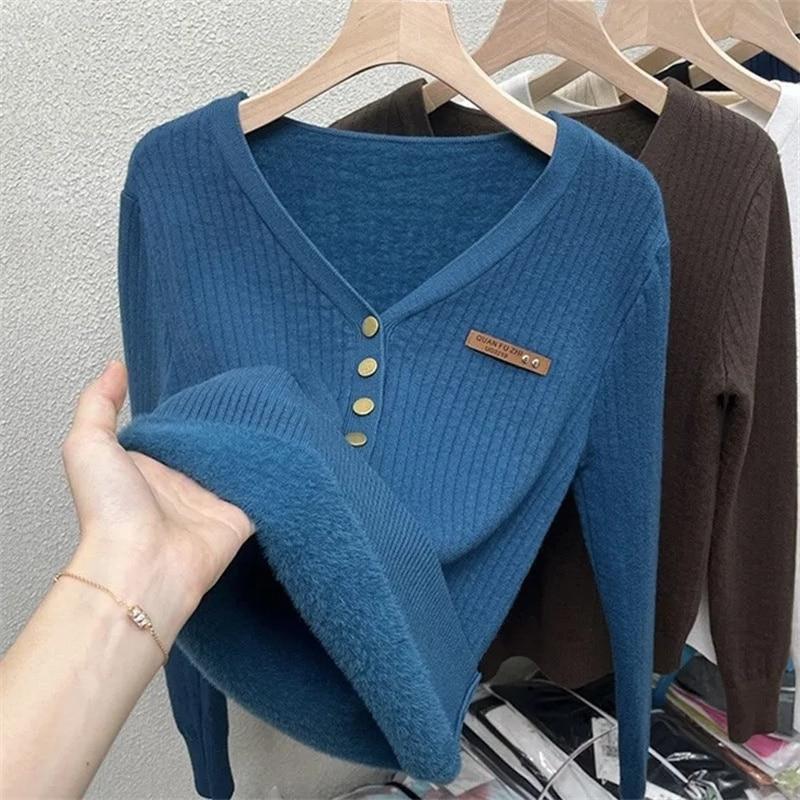 Thicken Warm Plus Velvet Winter Sweaters Women Casual V-neck Button Decoration Design Basic Solid Knit Pullover Bottomed Jumpers