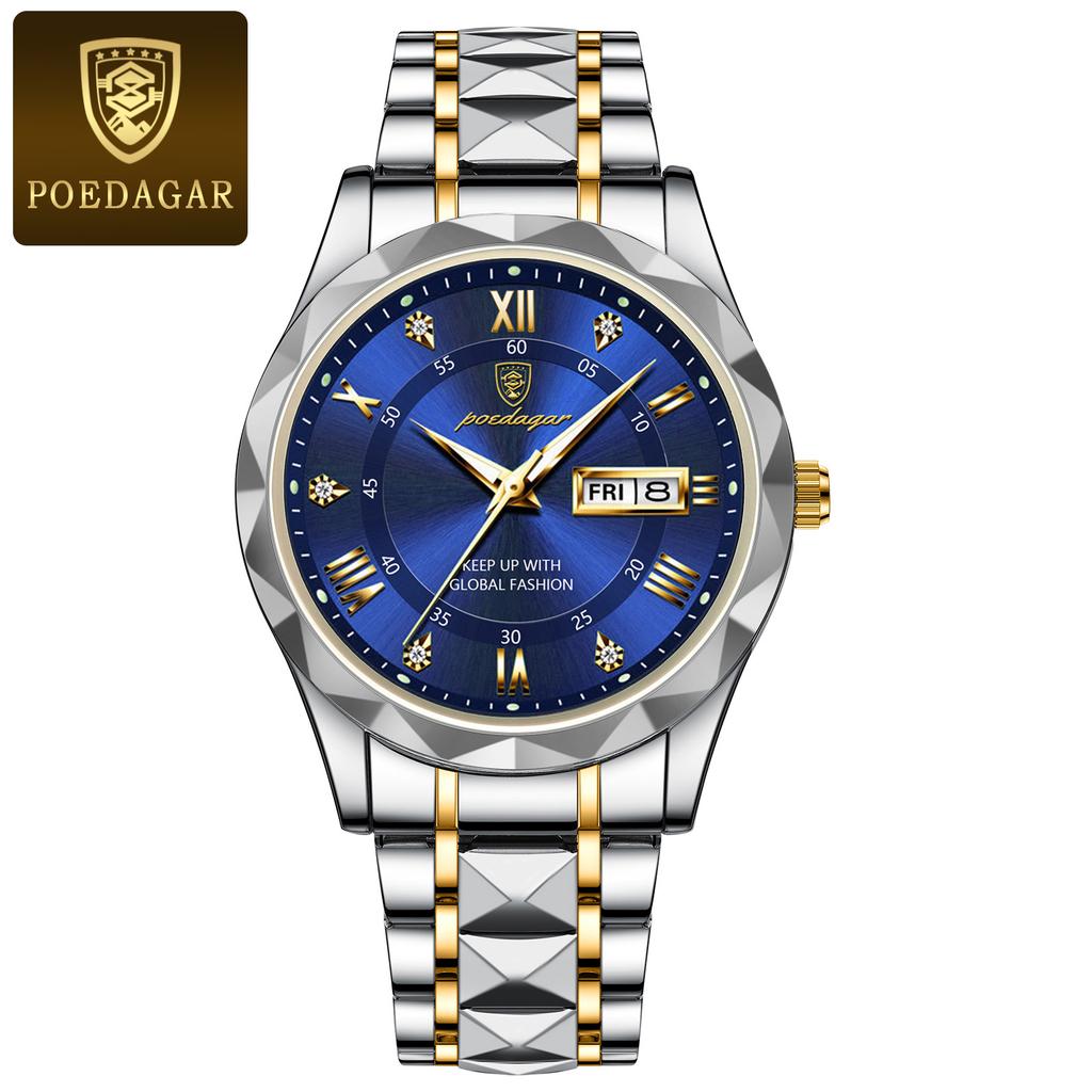 POEDAGAR Top Luxusmarke Herrenuhren Wasserdicht Leuchtend Kalender Wochentag Uhr für Mann Edelstahl Lässige Quarz Uhr