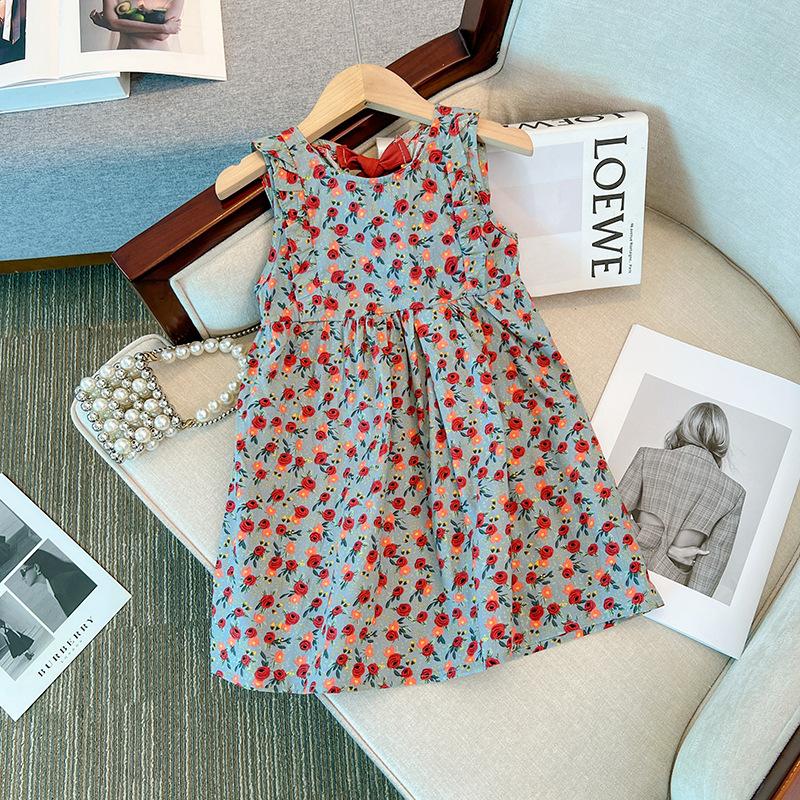 Girls Summer Floral Sleeveless Dress Fashionable Round Neck Princess Vest Dress For Little And Medium Kids 90cm