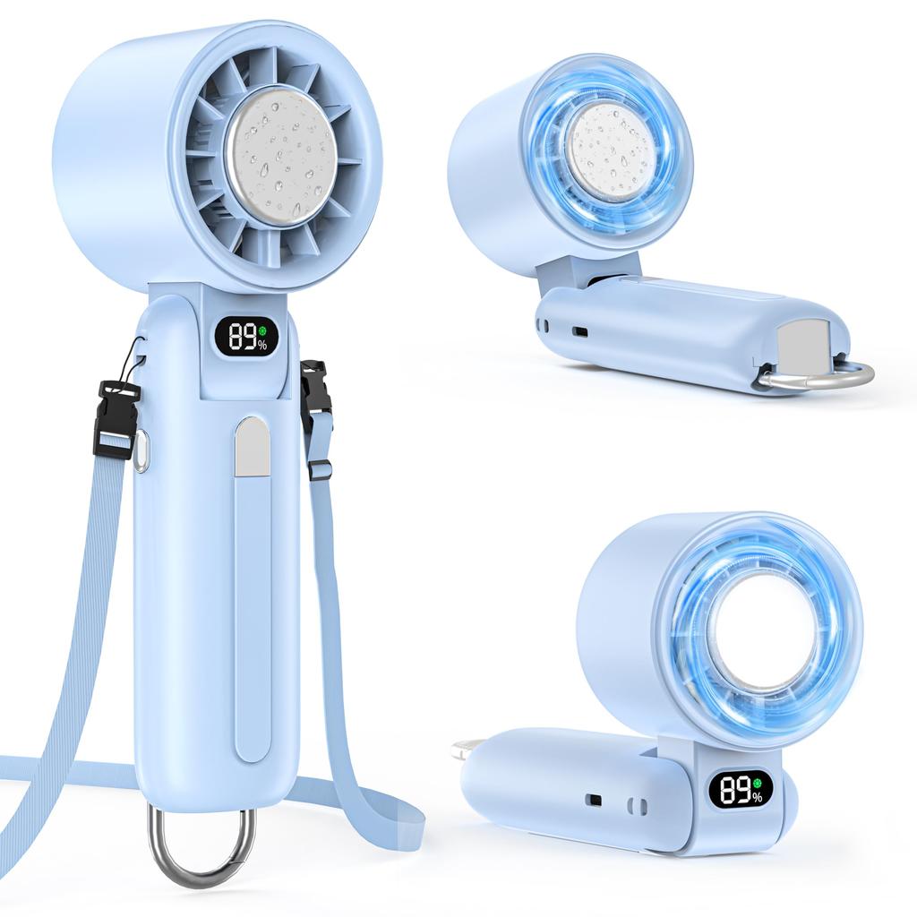 Handheld Fan with Cooling Portable Cooling Compact and 100 Wind Speed LED Battery USB Heat Neck Strap with Blue [2025 Model] Plate, Fan, Powerful,